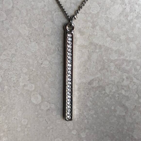 Classic Timeless Silver Plated Small Beads Cubic Zirconia Bar Pendant Necklace - Picture 6 of 15